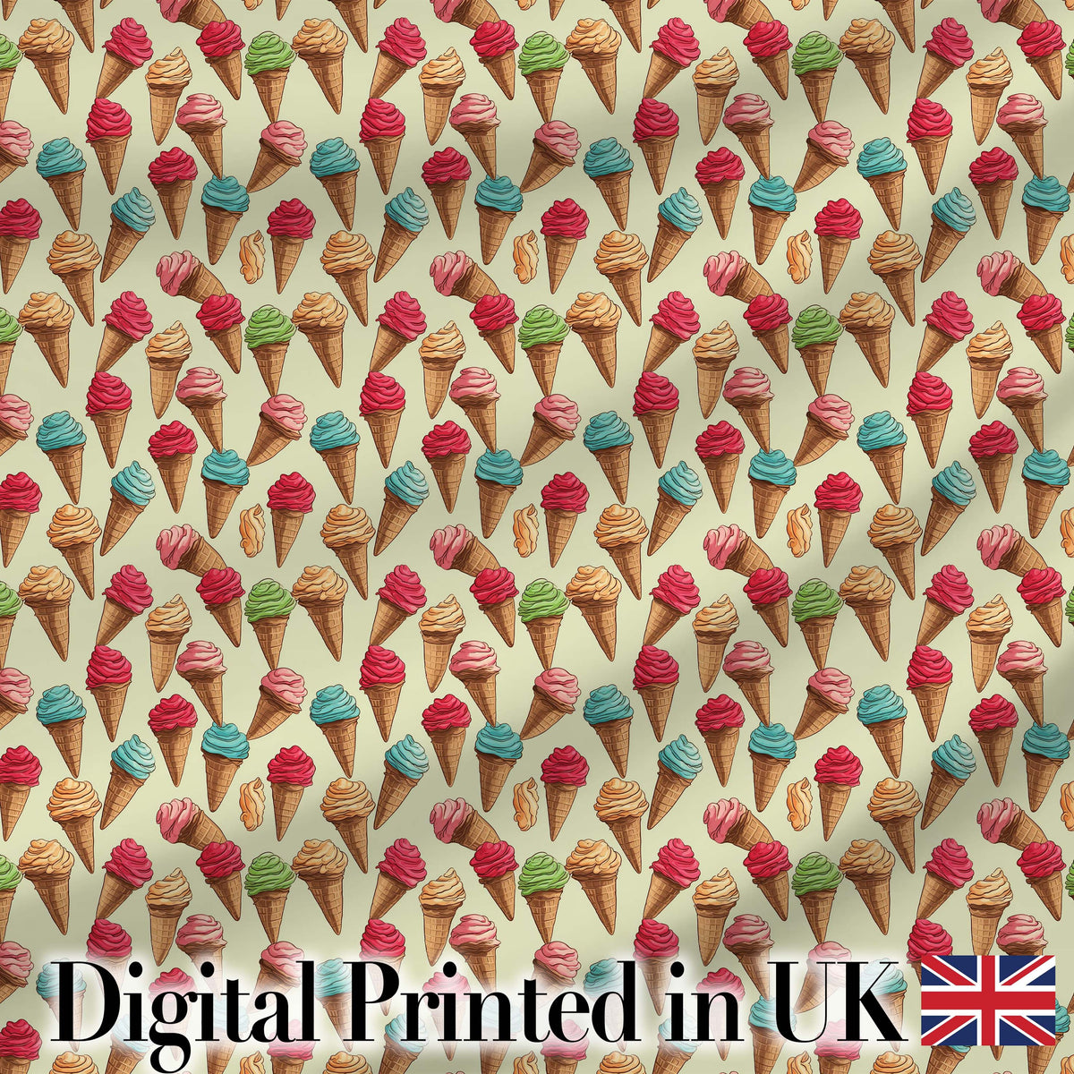 Cute Cartoon Ice Cream Cone Pattern in Pink Blue and Chocolate on Light Blue Digital Print Fabric by the Metre UK Sewing Quilting Textile