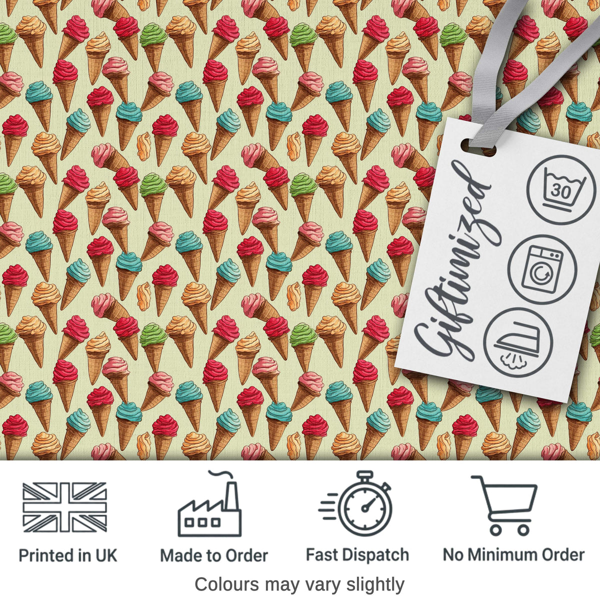 Cute Cartoon Ice Cream Cone Pattern in Pink Blue and Chocolate on Light Blue Digital Print Fabric by the Metre UK Sewing Quilting Textile