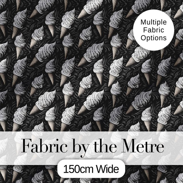 Monochrome Ice Cream Cone Pattern on Black with Swirl Texture Background Digital Print Fabric by the Metre UK Sewing Quilting Textile