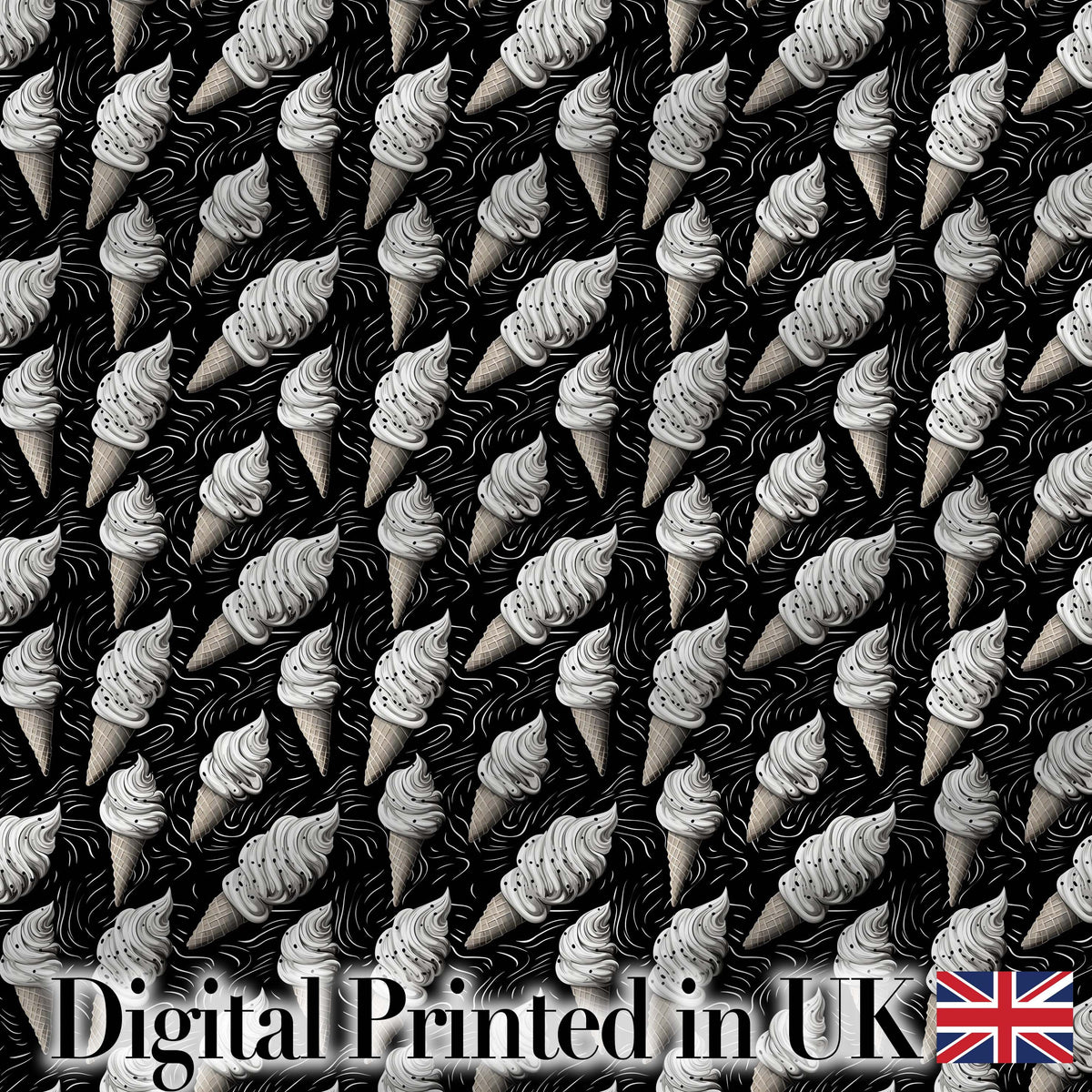 Monochrome Ice Cream Cone Pattern on Black with Swirl Texture Background Digital Print Fabric by the Metre UK Sewing Quilting Textile