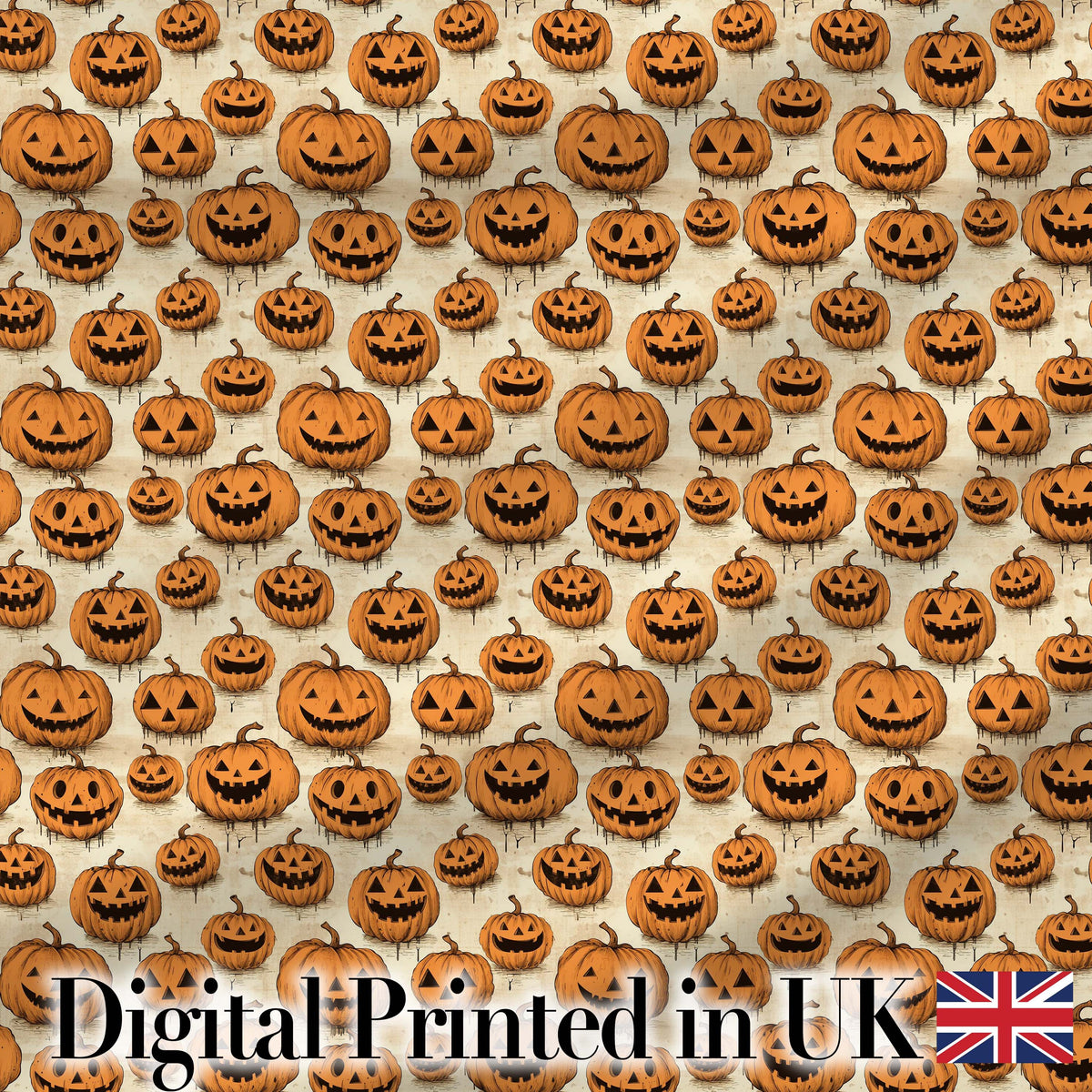 Classic Halloween Pumpkin Faces on Light Vintage Background Seamless Pattern Digital Print Fabric by the Metre UK Sewing Quilting Textile