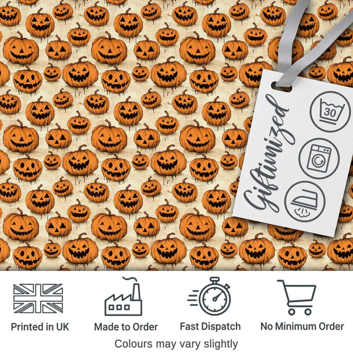 Classic Halloween Pumpkin Faces on Light Vintage Background Seamless Pattern Digital Print Fabric by the Metre UK Sewing Quilting Textile