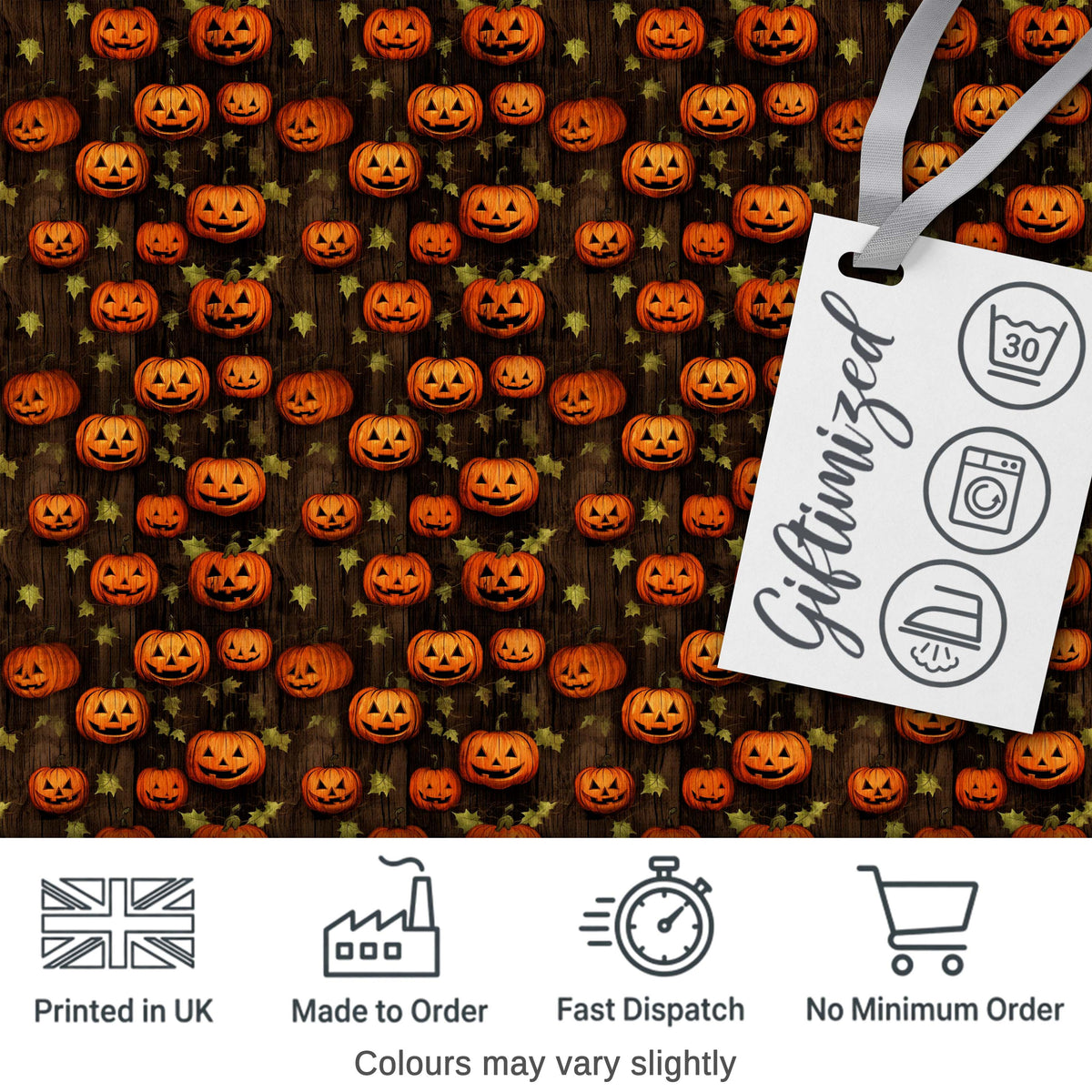 Hanging Pumpkin and Leaves on Dark Wooden Background Halloween Pattern Digital Print Fabric by the Metre UK Sewing Quilting Textile
