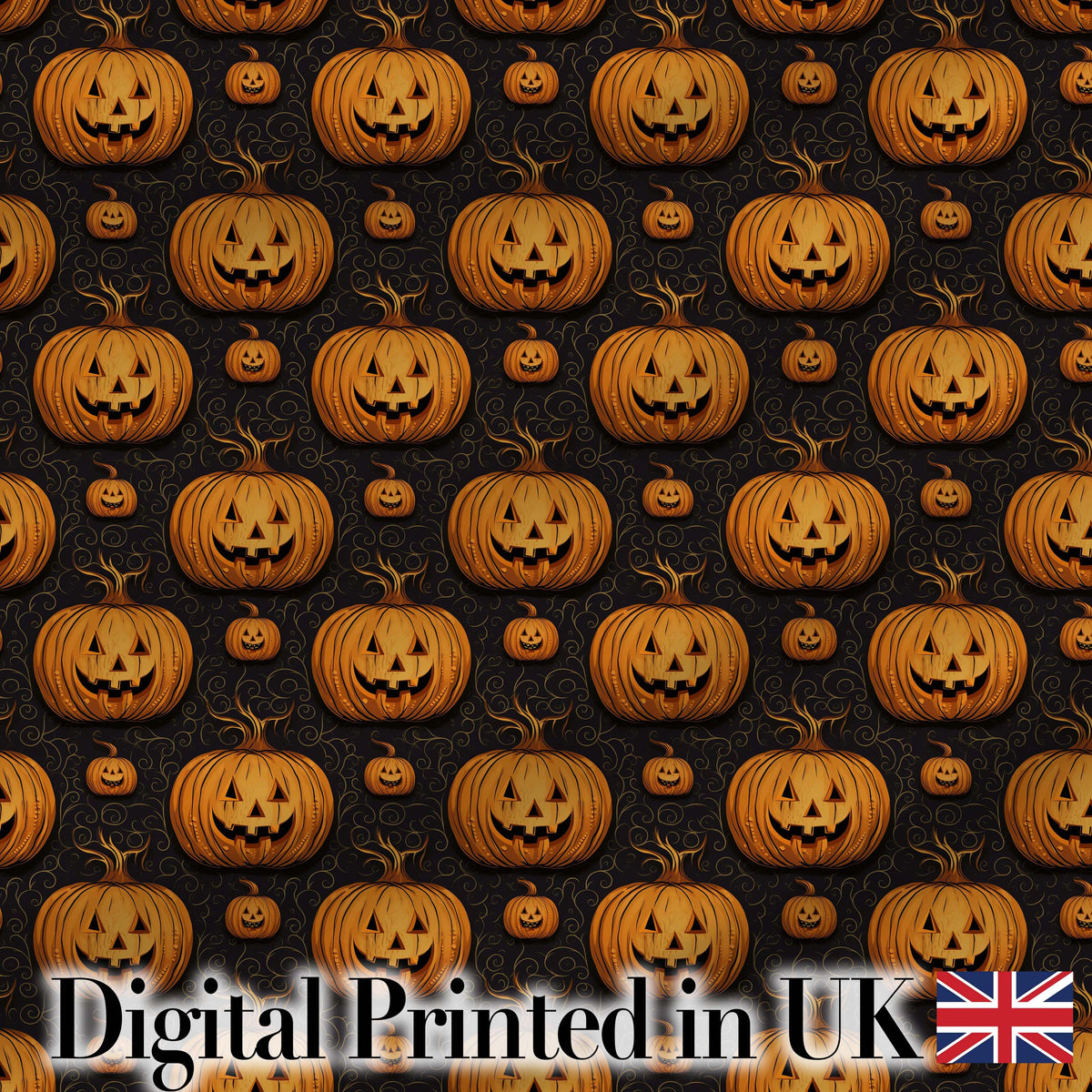 Ornate Halloween Pumpkin Motif with Swirls on Black Background Digital Print Fabric by the Metre UK Sewing Quilting Textile