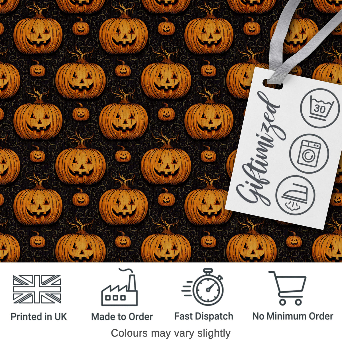 Ornate Halloween Pumpkin Motif with Swirls on Black Background Digital Print Fabric by the Metre UK Sewing Quilting Textile