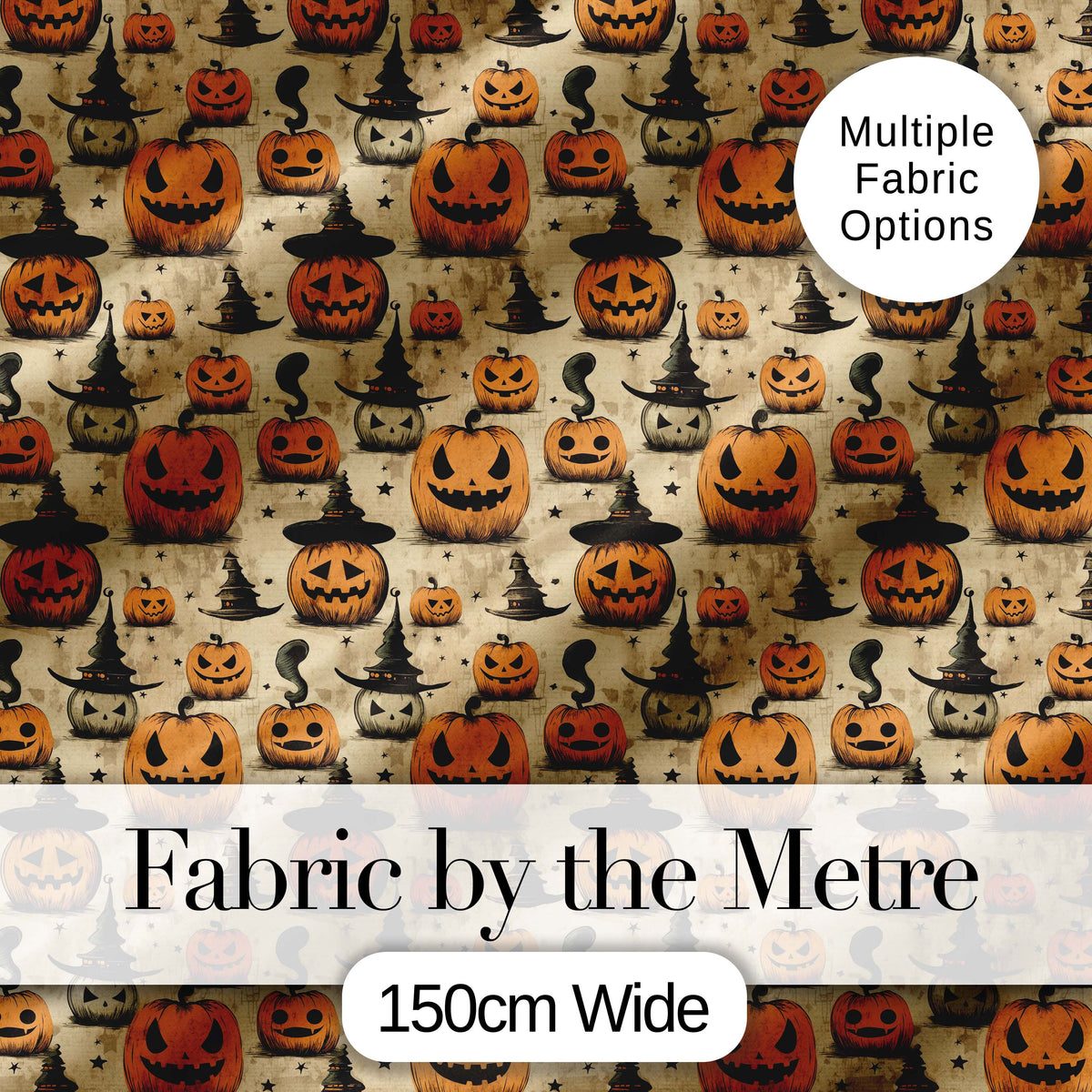 Halloween Pumpkins with Witch Hats and Stars on Vintage Background Digital Print Fabric by the Metre UK Sewing Quilting Textile