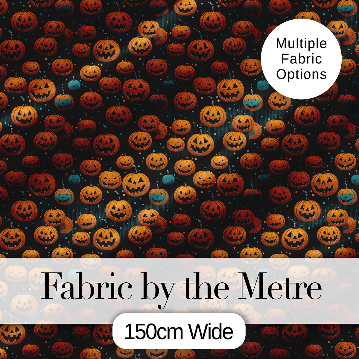 Hanging Pumpkins with Teal Accents on Dark Striped Background Digital Print Fabric by the Metre UK Sewing Quilting Textile