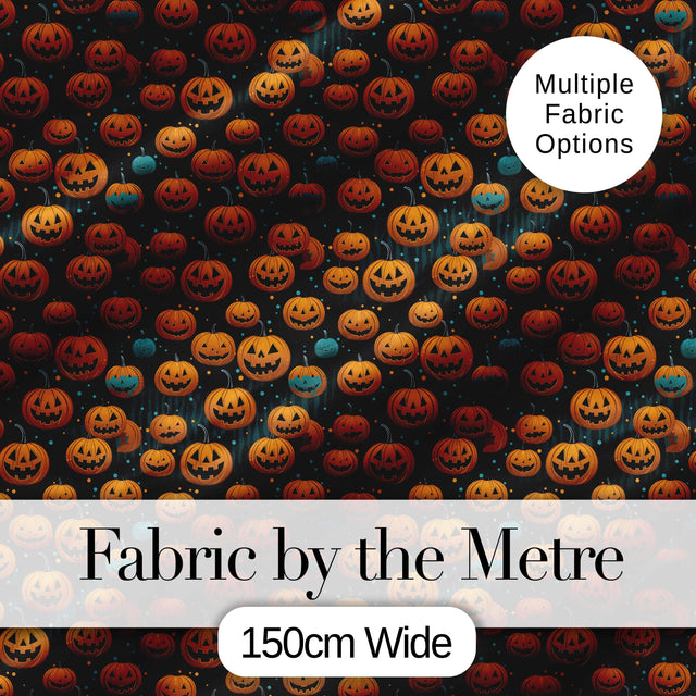 Hanging Pumpkins with Teal Accents on Dark Striped Background Digital Print Fabric by the Metre UK Sewing Quilting Textile