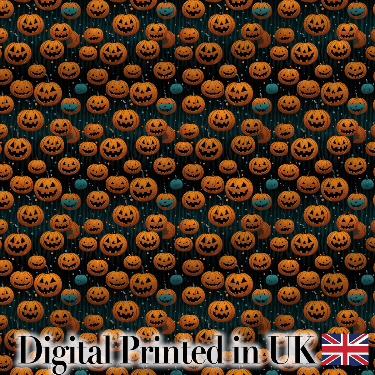 Hanging Pumpkins with Teal Accents on Dark Striped Background Digital Print Fabric by the Metre UK Sewing Quilting Textile