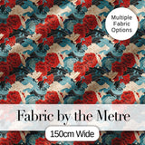 Japanese Style Floral Waves with Red Blue and Cream Blossoms Digital Print Fabric by the Metre UK Sewing Quilting Textile