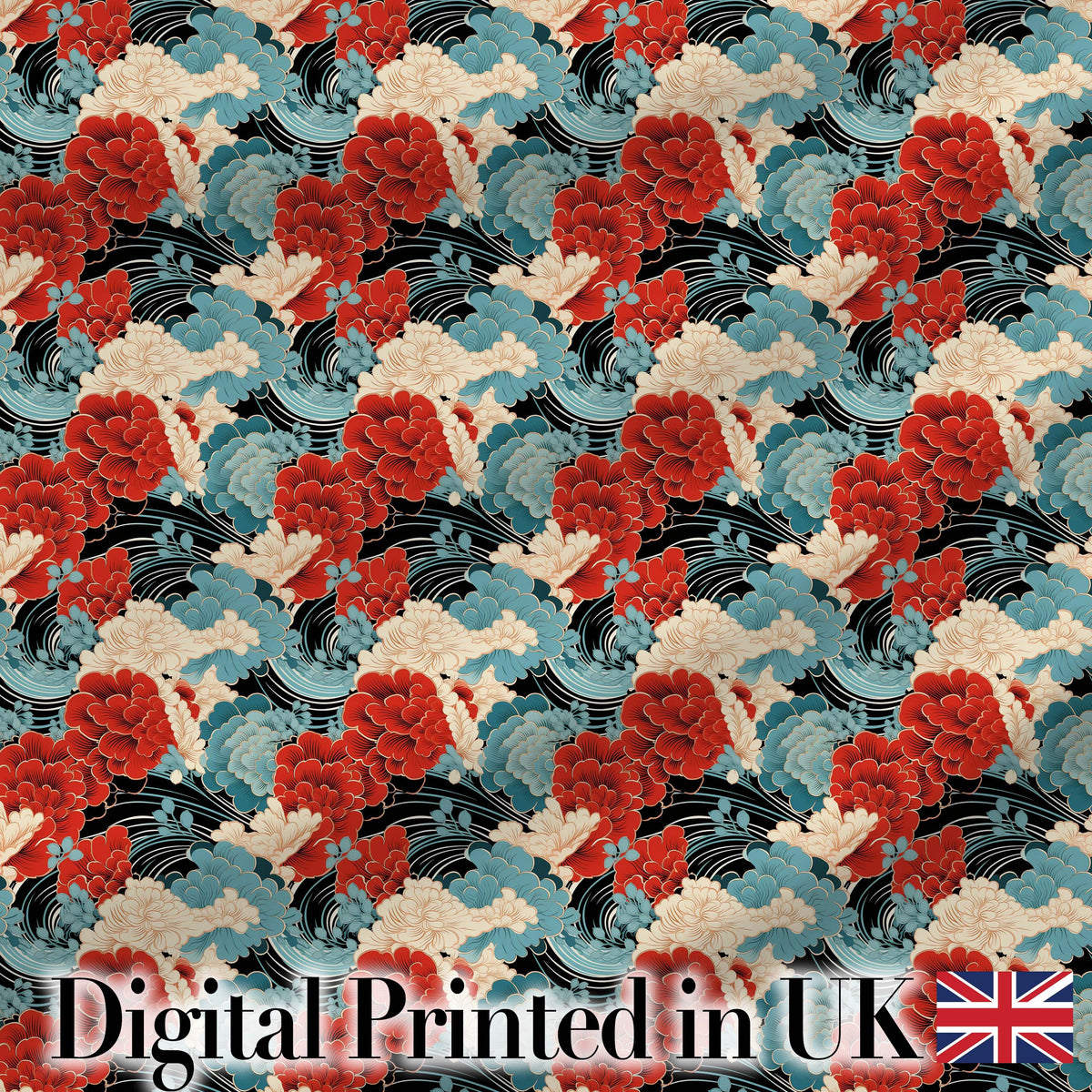 Japanese Style Floral Waves with Red Blue and Cream Blossoms Digital Print Fabric by the Metre UK Sewing Quilting Textile