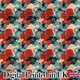 Japanese Style Floral Waves with Red Blue and Cream Blossoms Digital Print Fabric by the Metre UK Sewing Quilting Textile