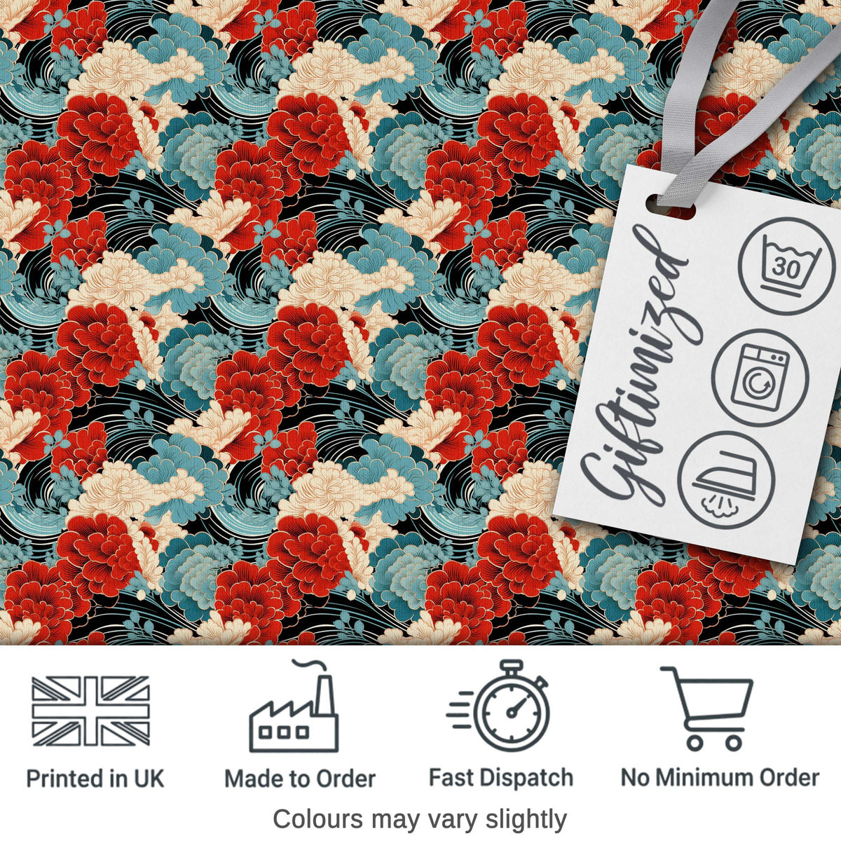 Japanese Style Floral Waves with Red Blue and Cream Blossoms Digital Print Fabric by the Metre UK Sewing Quilting Textile