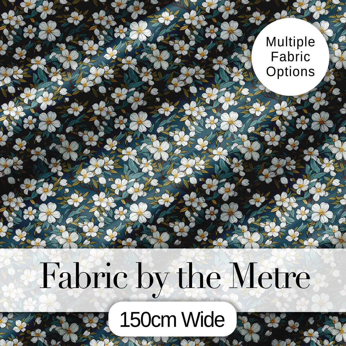 Teal Background White Floral Botanical Pattern with Detailed Leaves Digital Print Fabric by the Metre UK Sewing Quilting Textile