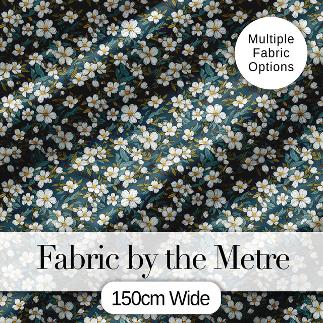 Teal Background White Floral Botanical Pattern with Detailed Leaves Digital Print Fabric by the Metre UK Sewing Quilting Textile