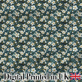 Teal Background White Floral Botanical Pattern with Detailed Leaves Digital Print Fabric by the Metre UK Sewing Quilting Textile