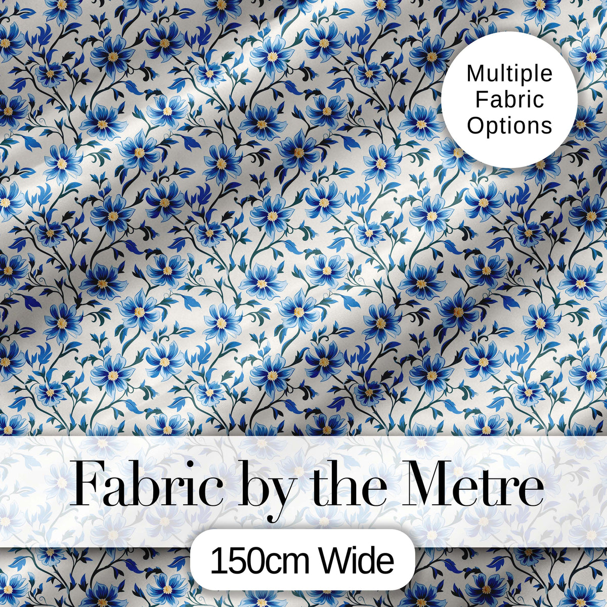 Classic Blue Floral Vine Pattern on Light Background Vintage Style Digital Print Fabric by the Metre UK Sewing Quilting Textile