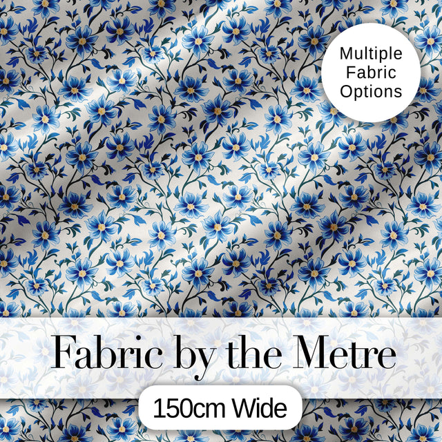 Classic Blue Floral Vine Pattern on Light Background Vintage Style Digital Print Fabric by the Metre UK Sewing Quilting Textile