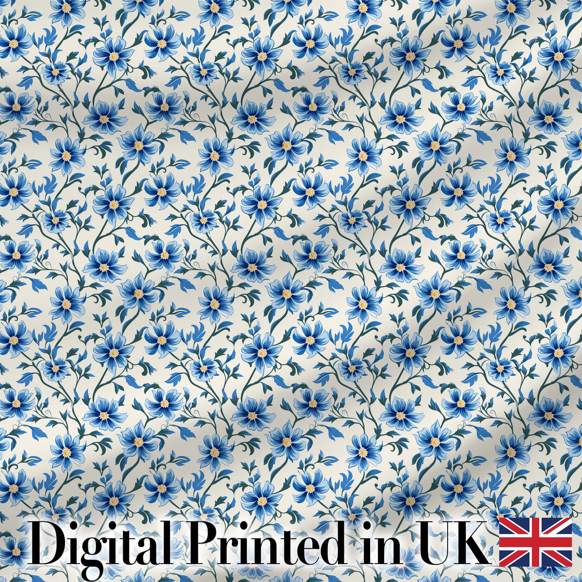 Classic Blue Floral Vine Pattern on Light Background Vintage Style Digital Print Fabric by the Metre UK Sewing Quilting Textile