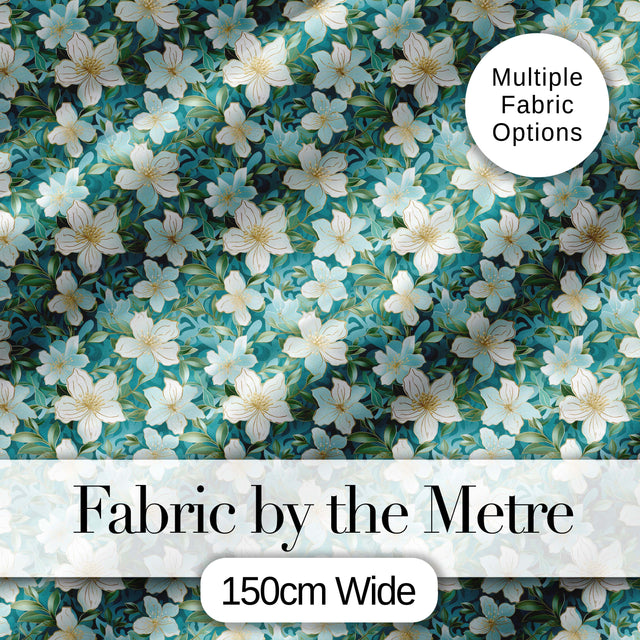 Aqua Floral Blossom Pattern with Soft White Flowers and Green Leaves Digital Print Fabric by the Metre UK Sewing Quilting Textile