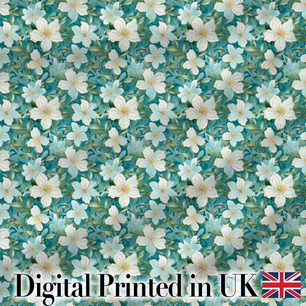 Aqua Floral Blossom Pattern with Soft White Flowers and Green Leaves Digital Print Fabric by the Metre UK Sewing Quilting Textile