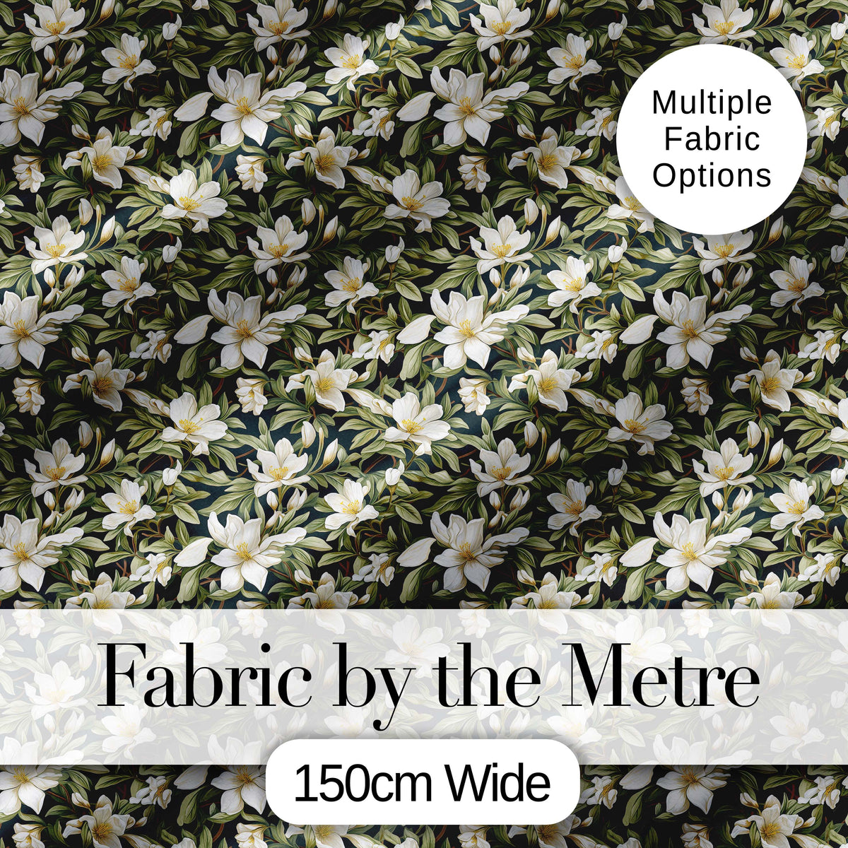 Dark Background Magnolia Style White Flowers with Green Foliage Pattern Digital Print Fabric by the Metre UK Sewing Quilting Textile