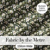 Dark Background Magnolia Style White Flowers with Green Foliage Pattern Digital Print Fabric by the Metre UK Sewing Quilting Textile
