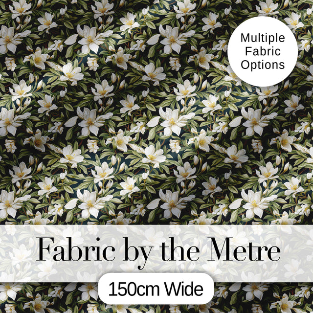 Dark Background Magnolia Style White Flowers with Green Foliage Pattern Digital Print Fabric by the Metre UK Sewing Quilting Textile