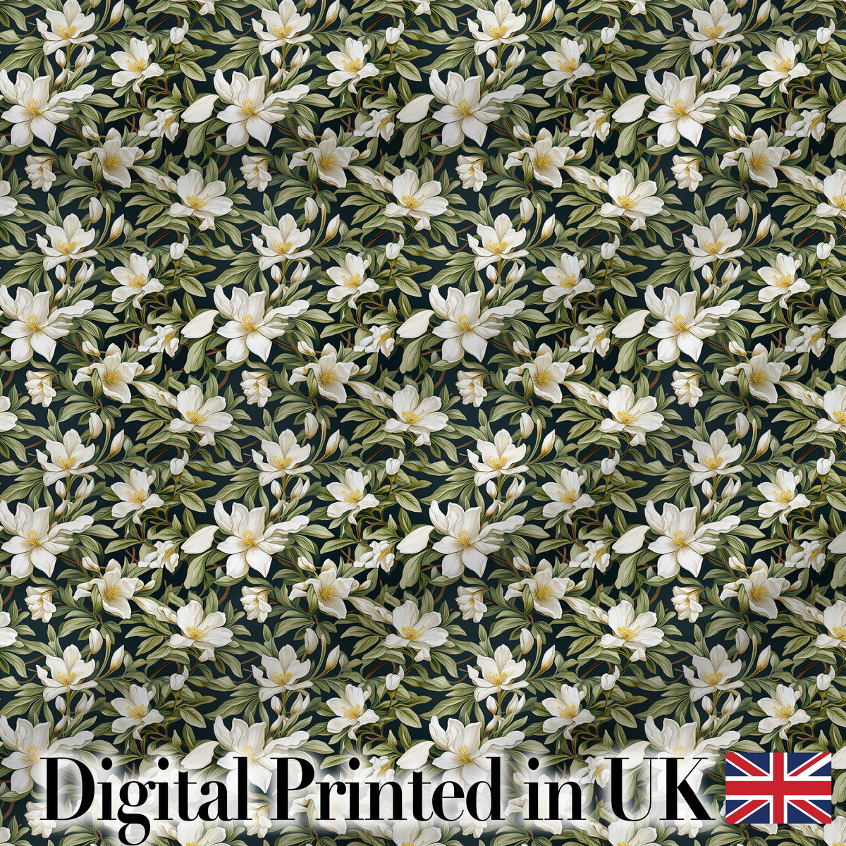 Dark Background Magnolia Style White Flowers with Green Foliage Pattern Digital Print Fabric by the Metre UK Sewing Quilting Textile