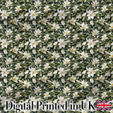 Dark Background Magnolia Style White Flowers with Green Foliage Pattern Digital Print Fabric by the Metre UK Sewing Quilting Textile