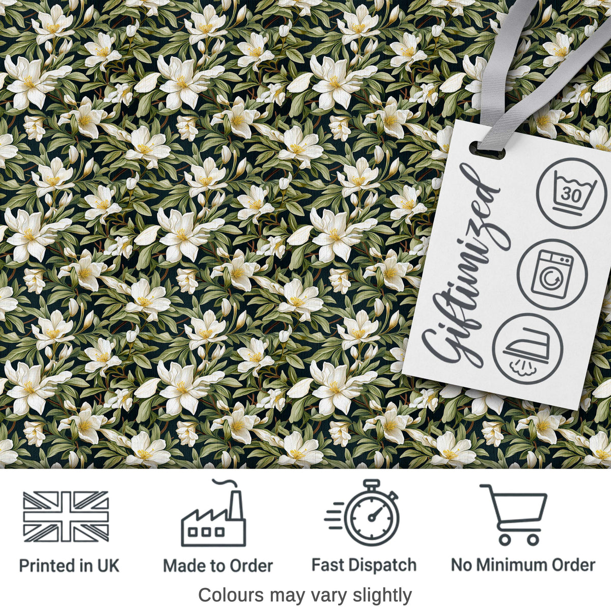 Dark Background Magnolia Style White Flowers with Green Foliage Pattern Digital Print Fabric by the Metre UK Sewing Quilting Textile