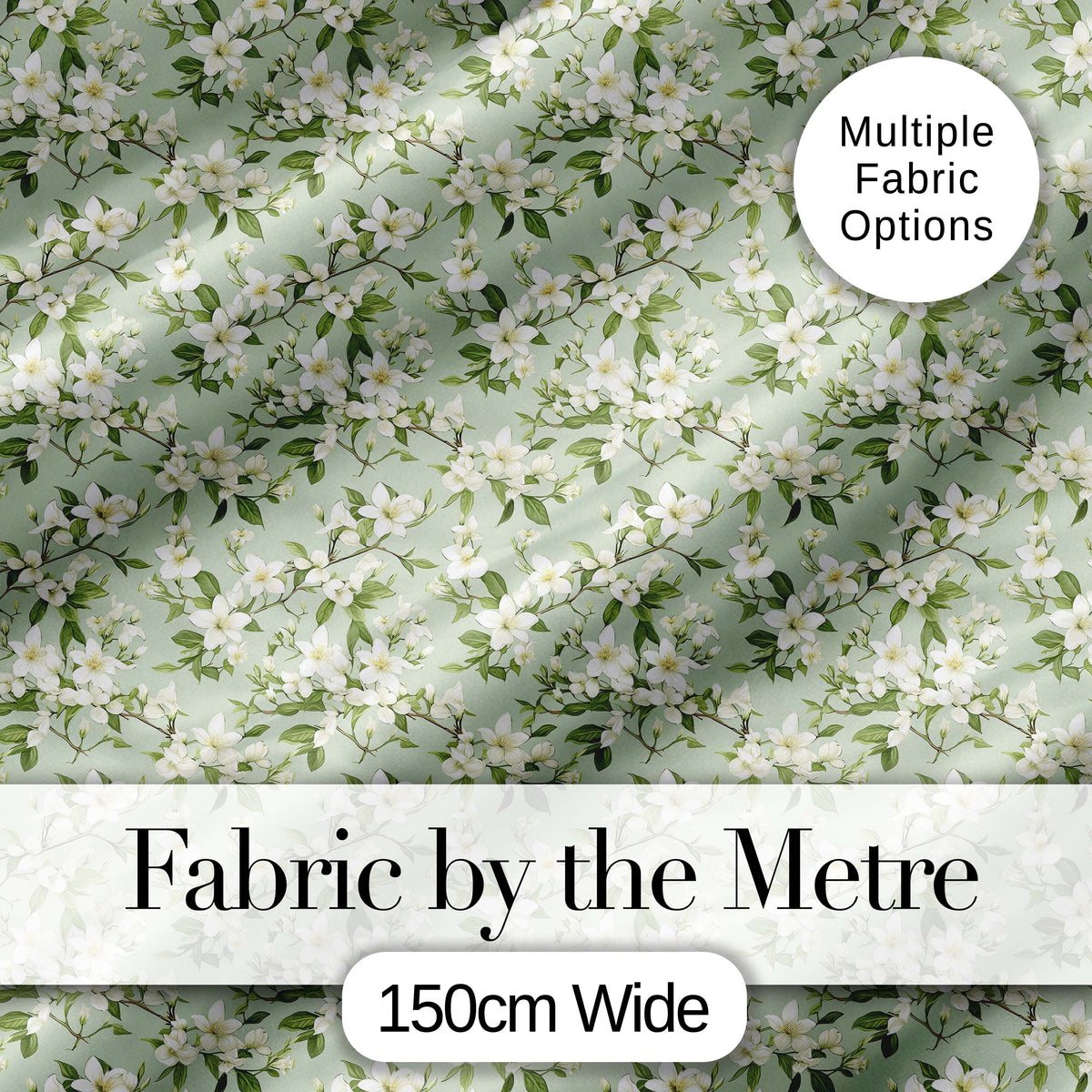 Fresh Green Background White Blossom Branch Pattern Spring Floral Digital Print Fabric by the Metre UK Sewing Quilting Textile