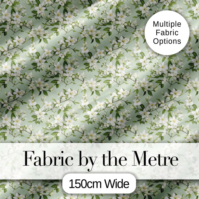 Fresh Green Background White Blossom Branch Pattern Spring Floral Digital Print Fabric by the Metre UK Sewing Quilting Textile