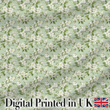 Fresh Green Background White Blossom Branch Pattern Spring Floral Digital Print Fabric by the Metre UK Sewing Quilting Textile