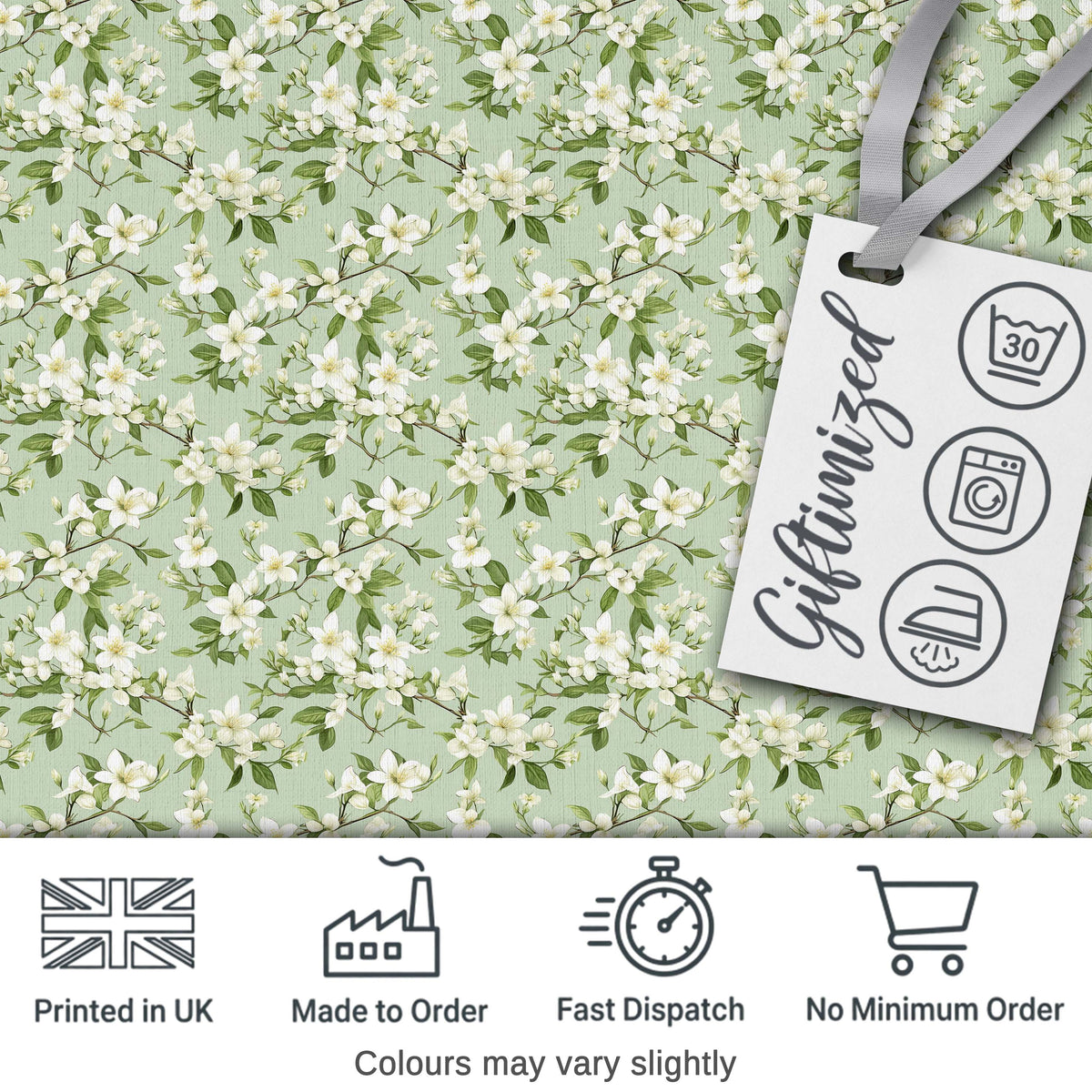 Fresh Green Background White Blossom Branch Pattern Spring Floral Digital Print Fabric by the Metre UK Sewing Quilting Textile