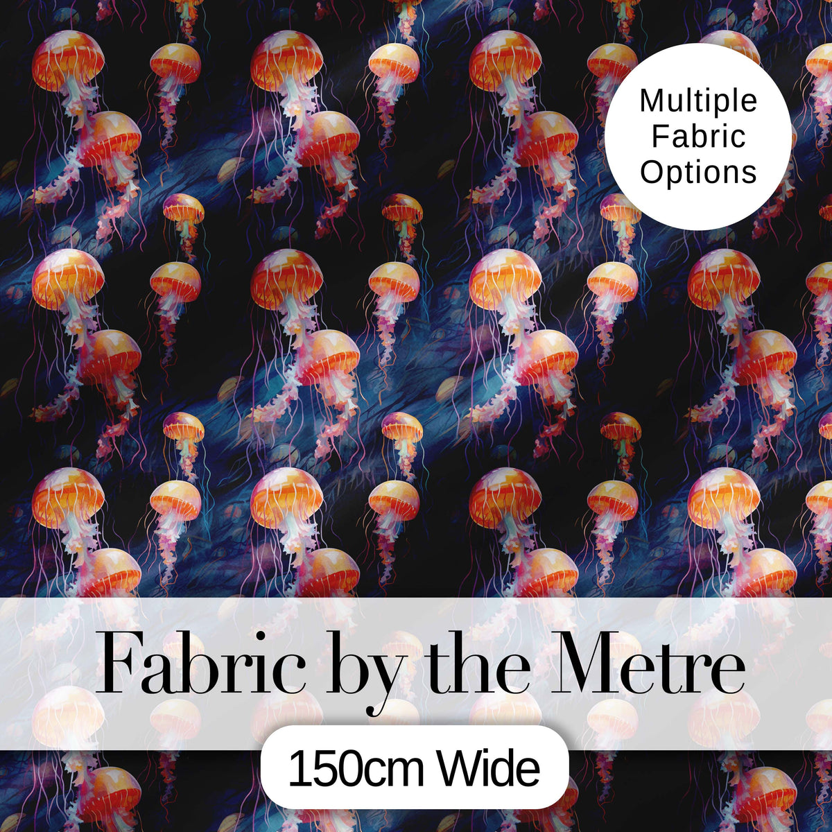 Orange Jellyfish Underwater Ocean  on Dark Blue Background  Digital Print Fabric by the Metre UK Sewing Quilting Textile
