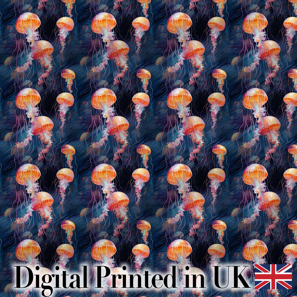 Orange Jellyfish Underwater Ocean  on Dark Blue Background  Digital Print Fabric by the Metre UK Sewing Quilting Textile