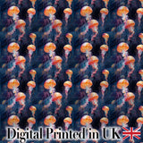 Orange Jellyfish Underwater Ocean  on Dark Blue Background  Digital Print Fabric by the Metre UK Sewing Quilting Textile