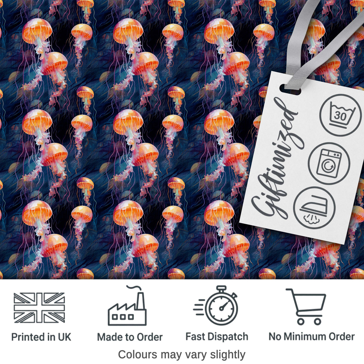 Orange Jellyfish Underwater Ocean  on Dark Blue Background  Digital Print Fabric by the Metre UK Sewing Quilting Textile