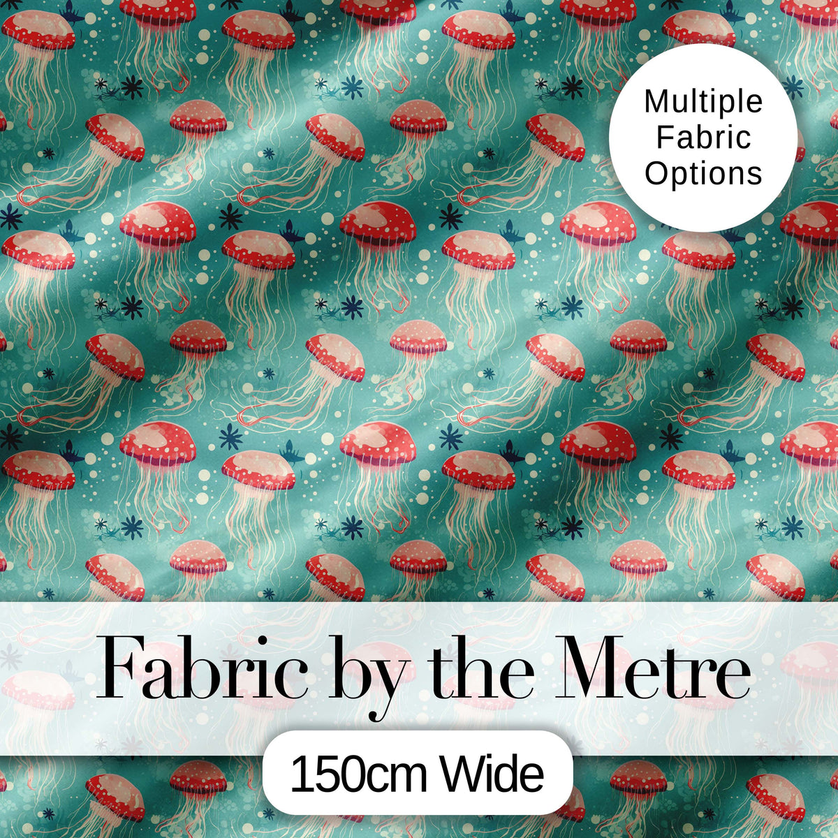 Cute Red Jellyfish Cartoon Style on Teal Background Seamless Marine Pattern Digital Print Fabric by the Metre UK Sewing Quilting Textile