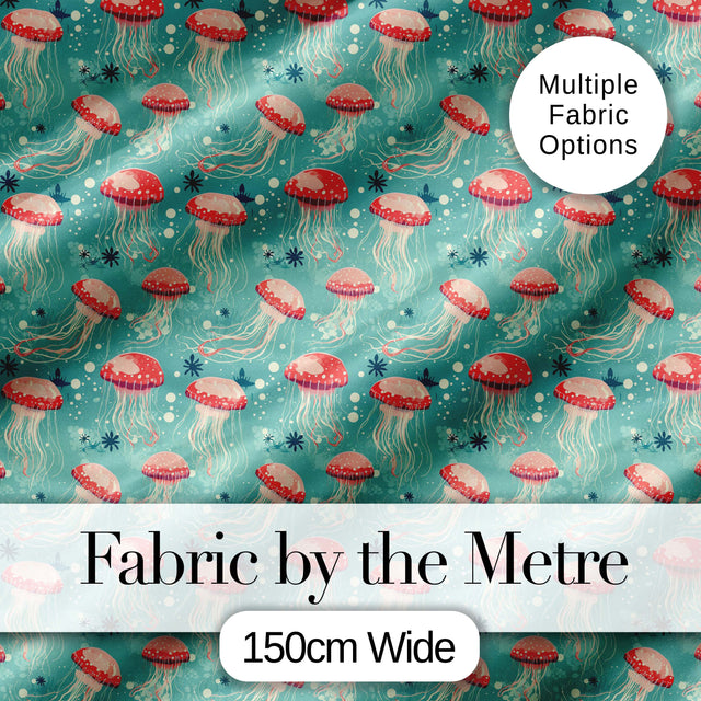 Cute Red Jellyfish Cartoon Style on Teal Background Seamless Marine Pattern Digital Print Fabric by the Metre UK Sewing Quilting Textile