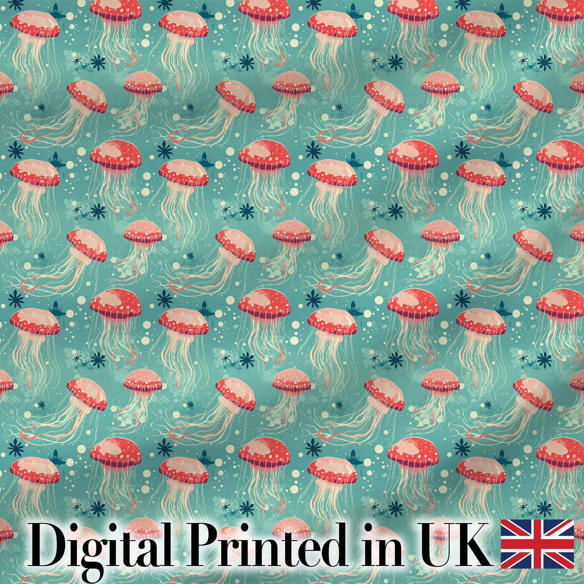 Cute Red Jellyfish Cartoon Style on Teal Background Seamless Marine Pattern Digital Print Fabric by the Metre UK Sewing Quilting Textile