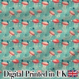 Cute Red Jellyfish Cartoon Style on Teal Background Seamless Marine Pattern Digital Print Fabric by the Metre UK Sewing Quilting Textile