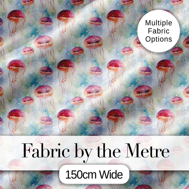Watercolor Red Jellyfish on Soft Blue Background Seamless Ocean Pattern Digital Print Fabric by the Metre UK Sewing Quilting Textile