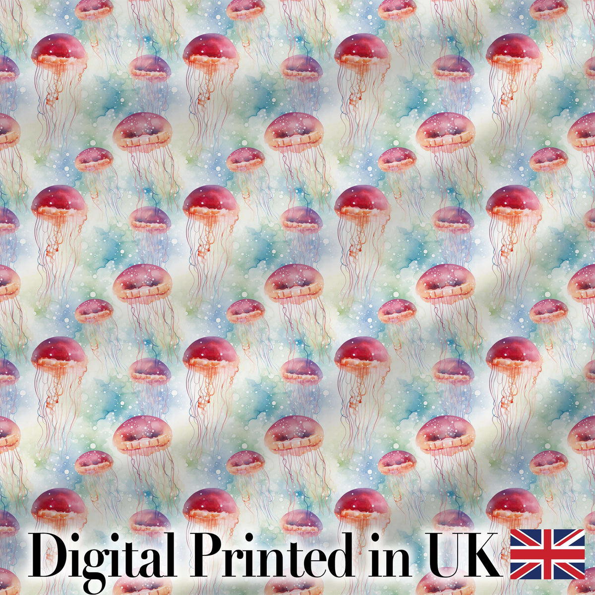 Watercolor Red Jellyfish on Soft Blue Background Seamless Ocean Pattern Digital Print Fabric by the Metre UK Sewing Quilting Textile