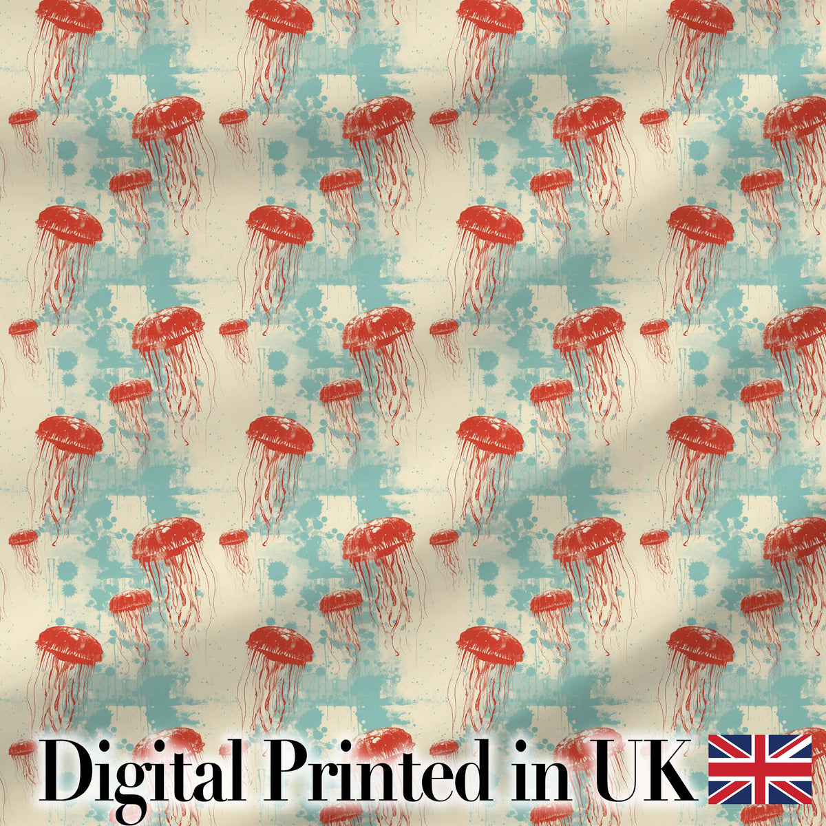 Red Jellyfish Illustration on Distressed BlueBackground  Ocean  Digital Print Fabric by the Metre UK Sewing Quilting Textile