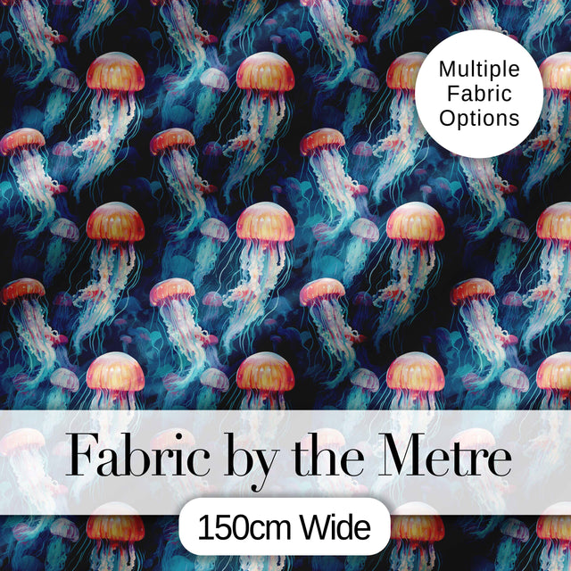 Glowing Jellyfish in Deep Ocean Blue Seamless Underwater Pattern Digital Print Fabric by the Metre UK Sewing Quilting Textile
