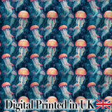 Glowing Jellyfish in Deep Ocean Blue Seamless Underwater Pattern Digital Print Fabric by the Metre UK Sewing Quilting Textile