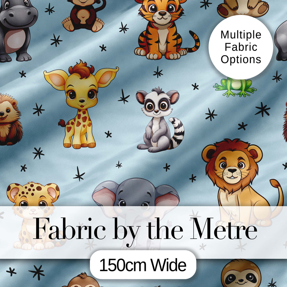 Cute Cartoon Safari Animals with Stars on Soft Blue Background Nursery Pattern Digital Print Fabric by the Metre UK Sewing Quilting Textile