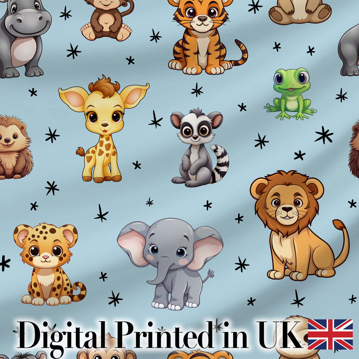 Cute Cartoon Safari Animals with Stars on Soft Blue Background Nursery Pattern Digital Print Fabric by the Metre UK Sewing Quilting Textile